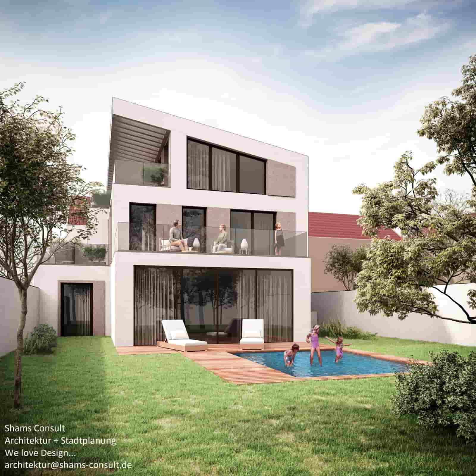 Visualisierung einer modernen Stadtvilla mit Garten und Pool